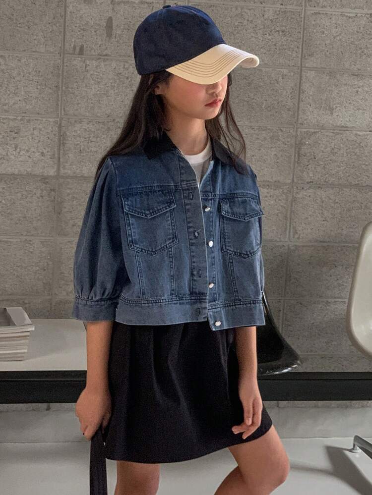 2pcs/Set Tween Girls Front Button Pockets Simple Top And Skirt Set