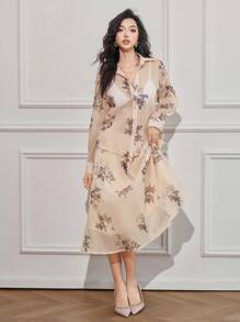 DAZY Bộ 2 món đồ công sở nữ: áo và chân váy tay phồng họa tiết hoa, xếp ly, thích hợp cho mùa thu và lễ Phục sinh. - Màu be - Xem 8