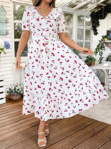 Sunnyshic Plus Size Women's Sweet Fashion Cherry Print Ruffle Collar Puff Sleeve A-Line Long Dress, Spring/Summer Easter Wear - Red and White - View 4