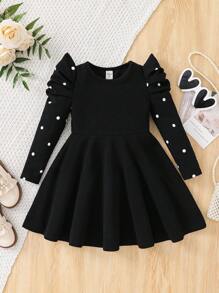 SHEIN Young Girl Knit Splicing Crew Neck Long Sleeve Dress - Black - View 1
