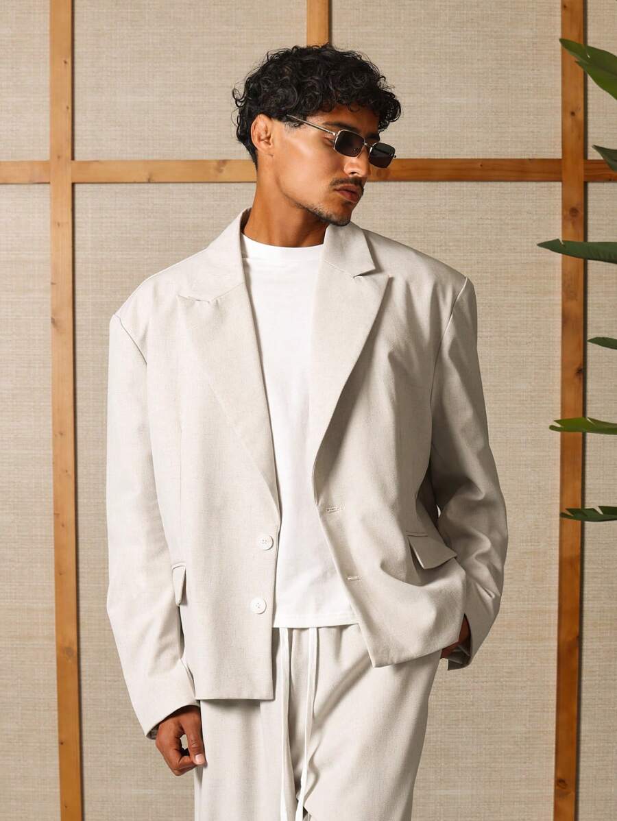 SUMWON Oversized Business Casual Cropped Blazer Professional Office Wear Minimalist Design Classic Suit Jacket Formal Event Outerwear Spring Collection Two Button Front - Beige - View 1