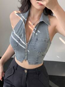 DAZY 女式夏季无袖围脖领前拉链牛仔背心上衣 - 淺色水洗藍 - 查看 2