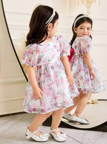 SHEIN Baby Girls' Floral Organza Puff Sleeve Ruffle Dress With Contrast Back Bow, Suitable For Party, Vacation, Wedding, Flower Girl Dress - Red - View 3