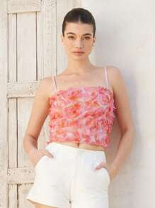 GENKIRA Áo ba lỗ dây mảnh họa tiết hoa 3D cổ điển thanh lịch gợi cảm dành cho nữ phong cách thời trang Boho cho kỳ nghỉ mùa xuân thu - Hồng - Xem 3