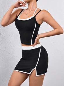 Easithlete 女士撞色吊带背心和侧开衩网球裙套装