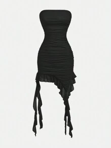 SHEIN Girlism 适合少女的纯色针织网眼短款背心裙，褶皱不对称下摆配腰带，适合外出和聚会穿着