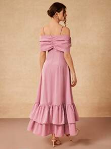 Gabriela Silveira Vestido maxi elegante y sofisticado de color rosa pastel con gran lazo 3D y volantes en el bajo, apto para fiestas, conciertos, eventos formales, bodas, fiestas de cumpleaños y verano