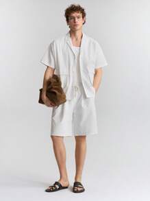 Ontre Men's Plain Front Button Short Sleeve Pocket Casual Shirt - White - View 2