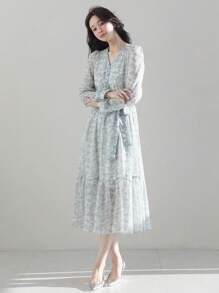 DAZY Damen V-Ausschnitt Ditsy Blumen Kordelzug Midi-Kleid, Herbstkleid Abendkleid