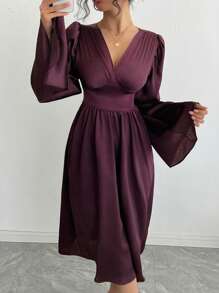 DAZY Women's Elegant Waisted Satin Flare Sleeve Dress, Suitable For Party/Wedding Prom Dress - Purple - View 4