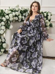 Modelyn New Design Printed Long Sleeve A-Line Cinched Waist Dress - Purple - View 1