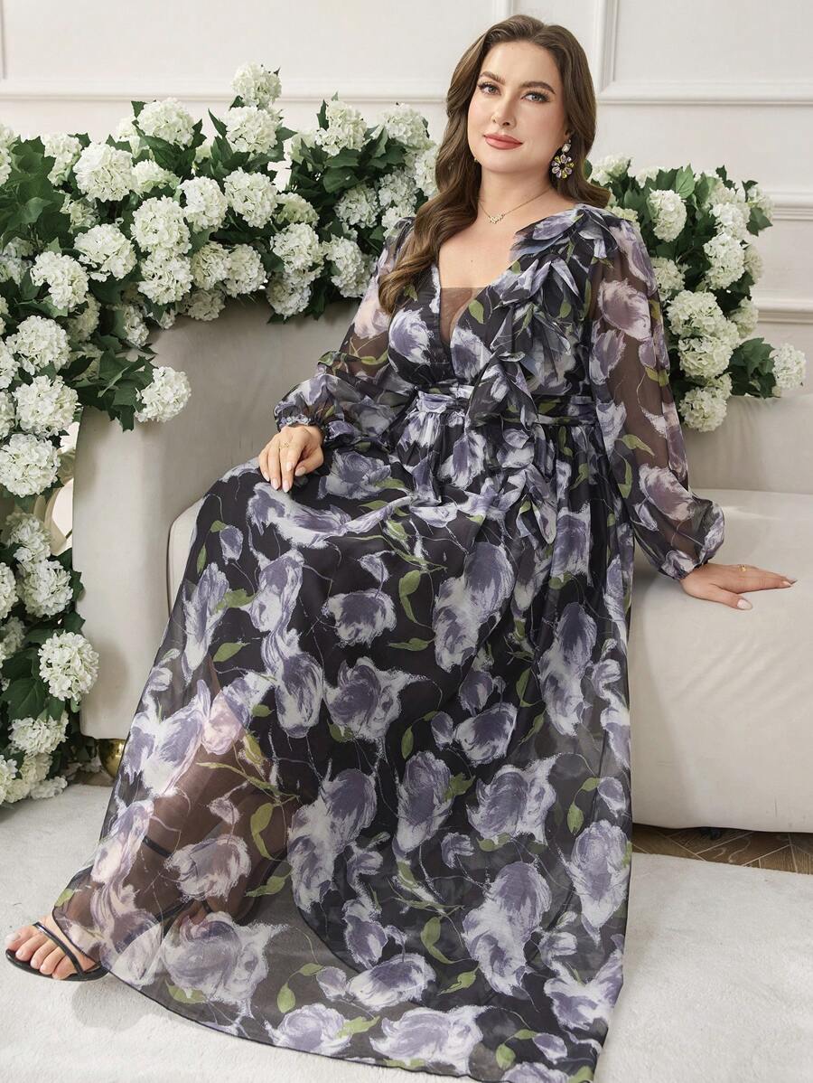 Modelyn New Design Printed Long Sleeve A-Line Cinched Waist Dress - Purple - View 1