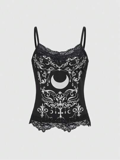 Goth Camiseta de encaje con cuentas de estilo gótico y luna vintage