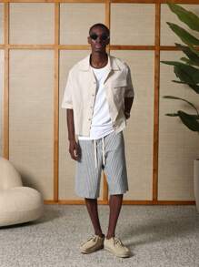 SUMWON Bermuda premium in lino a righe, casual, per l'estate e la spiaggia, con coulisse, vestibilità rilassata, lunghezza al ginocchio, abbigliamento da resort - Grigio - Visualizzare 2