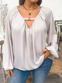 Flirla Plus Size Casual Romantic Solid Deep V Ruched Loose Short Sleeve Shirt - Dusty Purple - View 4