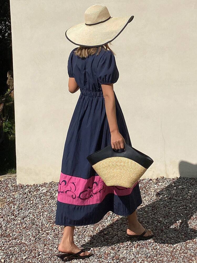 Beach Resort Bohemian Floral Print Contrast Color Block V-Neck Cinched Waist Ruffled Hem Puff Sleeve Women Dress Sundress,Casual Women Dresses Maxi Dress