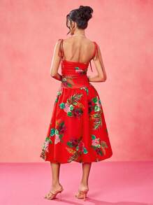 EBIB 设计师波西米亚风红色热带印花隧道褶皱蓬松中长太阳裙，节日，夏季，海滩，女士，音乐会，优雅，度假，商务休闲，西装，音乐会服装，舞会礼服婚礼狂欢服装