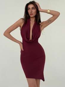 Aloruh 浪漫贴身露背中长连衣裙，3D 花卉装饰，V 领，适合约会，春夏季，茄子紫色 - 中紫紅色 - 查看 1