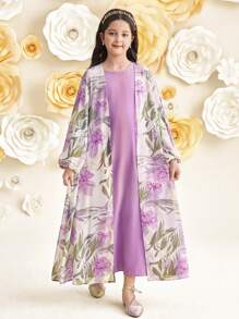 SHEIN Tween Girl Elegant Floral Printed Oversized Loose Fit Traditional Long Sleeve Jacket And Solid Purple Color Round Neck Sleeveless Dress 2pcs/Set 2 Pieces Set, For Spring Summer