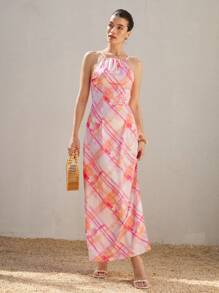 GENKIRA Đầm dài kẻ caro ombre satin bóng phong cách lãng mạn Ý dây mảnh bó eo cho nữ - Nhiều màu - Xem 6