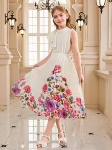 SHEIN Leap Crew 少女两件套：不对称荷叶边领无袖上衣和花卉印花百褶裙，法式优雅花卉，甜美公主风格，适合春季旅行，情人节少女，花童连衣裙 - 米色 - 查看 4