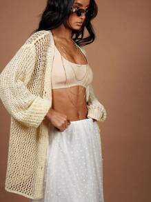 COSMINA 女式波西米亚针织轻质开衫透明罩衫，娇小女性的休闲西式服装，性感和海滩装 - 卡其色 - 查看 4