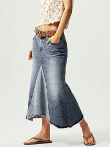 Bohemela Boho Cowgirl Solid-Color Woven Denim Wash Asymmetric Hem Women Skirt - Blue - View 8