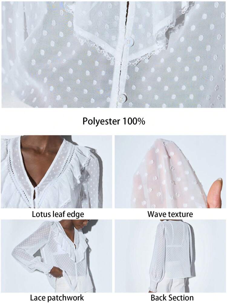 SHEIN Maija White Polka Dot Loose Fit V-Neck Long Sleeve Ruffle Trim Puff Sleeve Women Blouse, Spring Summer Festival Bohemian Western Wear Women