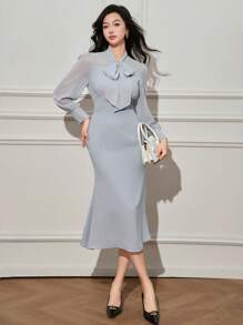 DAZY 女士中长连衣裙，带荷叶边领、泡泡袖和褶饰细节，优雅秋季长袖连衣裙