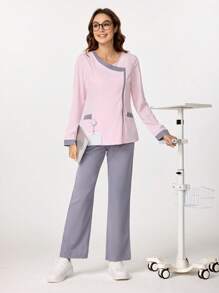 TaskEZ Conjunto de blusa y pantalón de un solo color, estilo minimalista con mangas largas para mujer. Conjunto de uniforme de enfermería con parte superior e inferior, transpirable y con bolsillos. Conjunto de uniforme de enfermería con parte superior con cuello en V y pantalón de pierna recta. Conjunto de uniforme de enfermería con parte superior elástica y pantalón cargo con cordón.