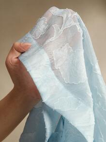 Anewsta 优雅提花镂空系带领口收腰高低下摆连衣裙，节日、外出、度假装，女士春季 - 藍色 - 查看 6