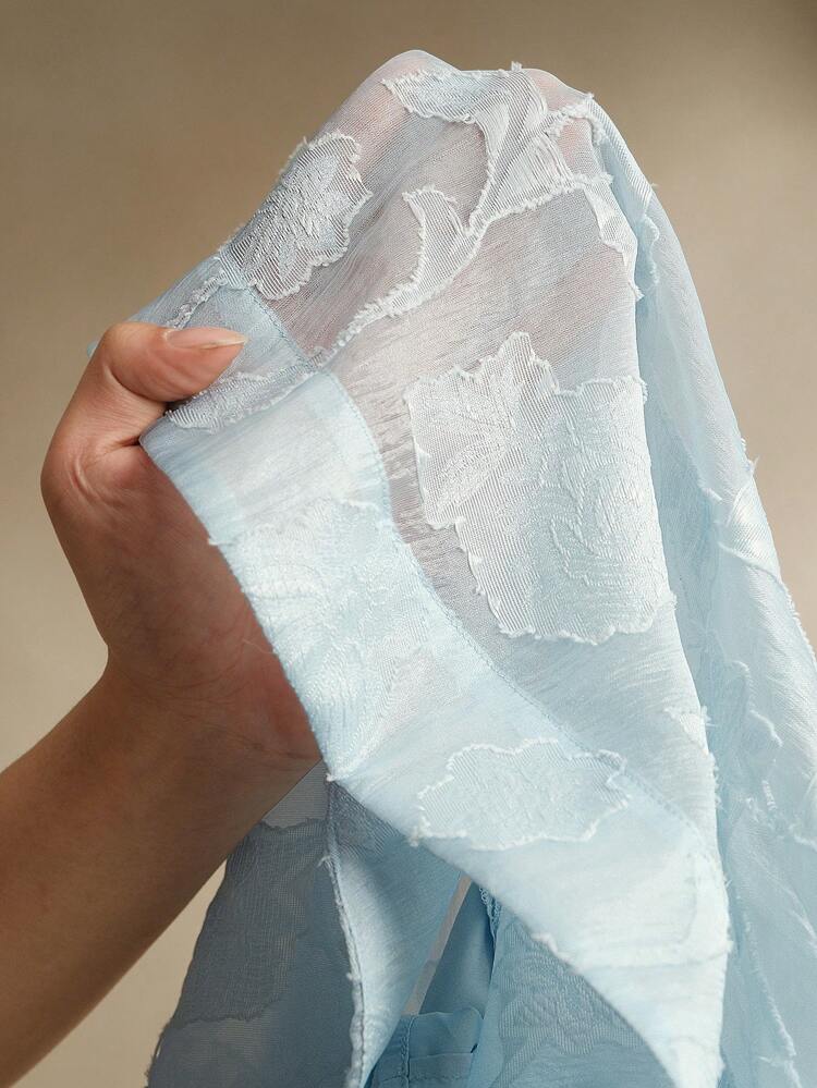 Elegant Jacquard Cutout Tie Neck Cinched Waist High-Low Hem Dress, Festival, Going Out, Vacation Outfits For Women, Spring Baby Blue Dress Women Organza Dress Pastel Blue Dress