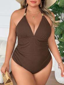 SHEIN CURVE+ Plus Size Women's Summer Swimsuit, Special Fabric Slimming Ruched Halter Neck One-Piece Swimsuit With Gold Metallic Trim - Coffee Brown - View 3