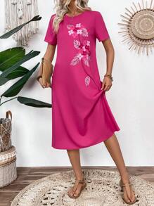 EMERY ROSE Women Summer Casual Printed Short Sleeve Mid-Length Dress