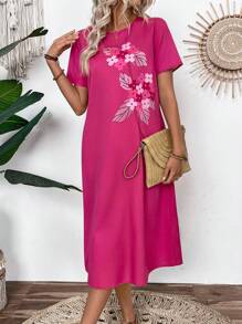 EMERY ROSE Women Summer Casual Printed Short Sleeve Mid-Length Dress