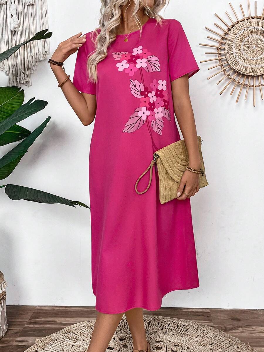 EMERY ROSE Women Summer Casual Printed Short Sleeve Mid-Length Dress