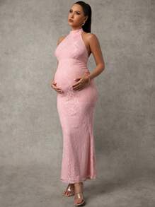 MaterniChic Maternity Lace V-Neck Dress With Bow Accent, Pink Color