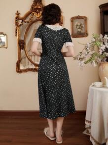Côtesoire Lace Contrast Polka Dot Women's Round Neck Short Sleeve Elegant Nightgown Babydoll Holiday Season, Vacation