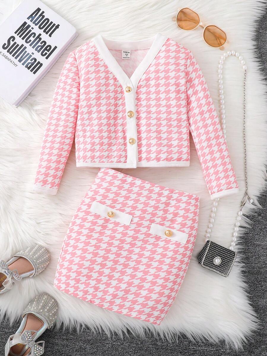 SHEIN Leap Crew 2 pièces/ensemble Veste et jupe en tricot à blocs de couleurs pied-de-poule pour jeune fille, idéal pour le décontracté, le port quotidien, l'école, l'automne/l'hiver, Noël, les fêtes, les anniversaires, la tenue de princesse