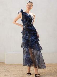 Femmeiva Elegant French Black Floral Chiffon Dress For Summer Wedding, Asymmetrical Layered Cinched Waist One Shoulder High-End Sophisticated Style - Multicolor - View 6