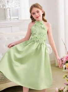 SHEIN Váy midi đính hoa cổ bẻ không tay thanh lịch cho bé gái tuổi teen - Màu xanh Bạc hà - Xem 7