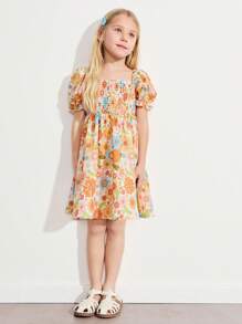 SHEIN Young Girls' Colorful Ditsy Floral Front Cable Puff Sleeve Yellow Dresses - Yellow - View 3