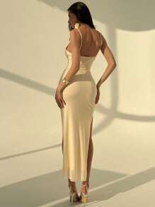 Aloruh Lace Patchwork Rayon Dress With Fish Bone Seam, High Slit, Bodycon Design For Women - Apricot - View 5