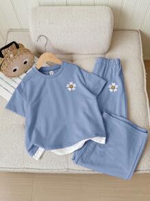 SHEIN Bộ áo len cổ tròn tay ngắn và quần ống đứng cho bé gái tuổi mới lớn - Màu xanh bụi bặm - Xem 5