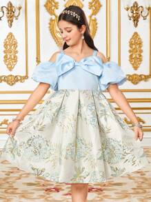 SHEIN فستان حفلة أنيق للفتيات المراهقات ذو حمالات لؤلؤية وأكتاف منكشفة، مزين بعقدة، فصوص كم منفوخ، من قماش البروكار الراقي، مناسب للحفلات والعودة للمدرسة والأسلوب الفرنسي الأنيق وأسلوب الأميرة وأحداث الزفاف وأعياد الميلاد - الأزرق - مشاهدة 5