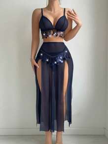 MidnightGlam Valentine's Day Party 3-Piece Set: Sexy Sequin Lingerie, Thong Panty, And High Slit Maxi Skirt