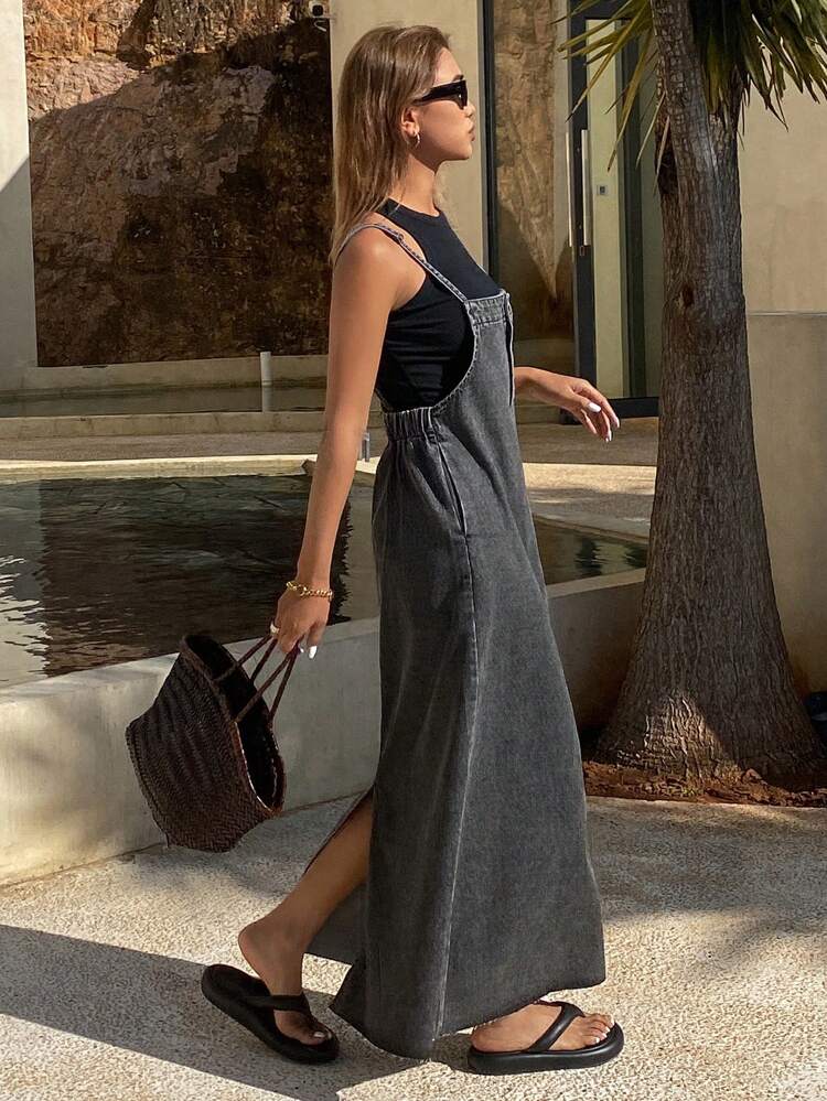 Women's Simple Casual Button Pocket Front Straps Long Denim Spaghetti Strap Dress Sundress Vacation
