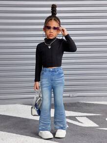 SHEIN Young Girl' Ruffled Blue Denim Flare Pants With Stretch - Light Wash - View 5