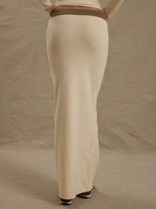 MUSERA 针织撞色腰边修身长裙，优雅春日奶油黄时尚款 - 奶油色 - 查看 4