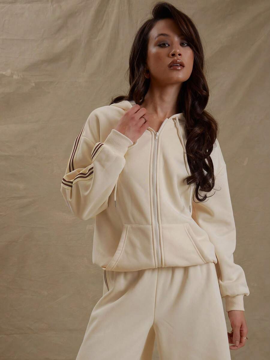 MUSERA Oversized Stripe Arm Detail Cuffed Zip Through Hoodie Spring Bridal Bachelorette Hen Do Wedding Wedding Party Casual - Cream - View 1
